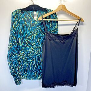 Marc Bouwer Women's Blouse Sz L Sheer Print w/Avenue Spaghetti Lace Trimmed Tank